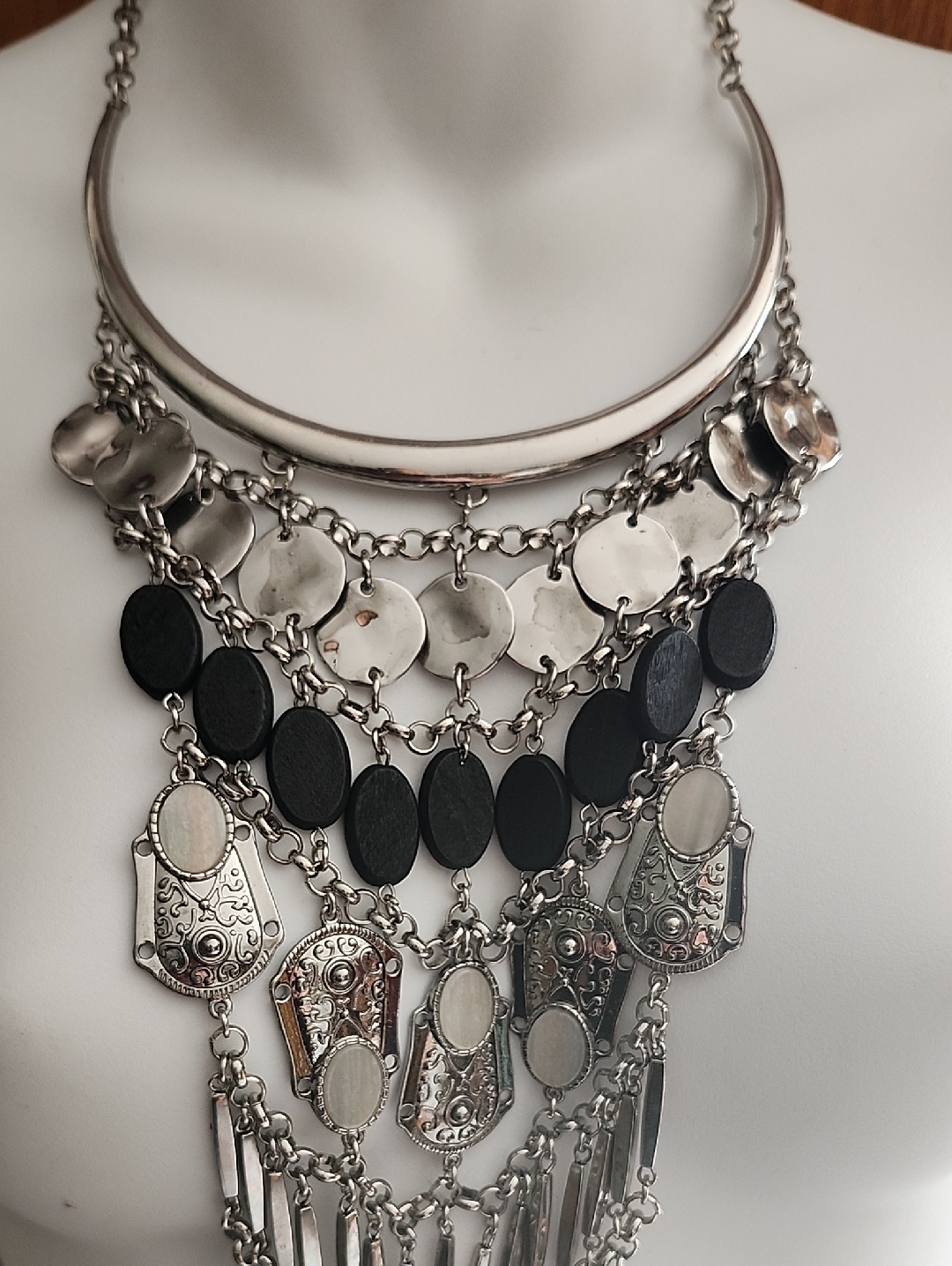 Nwt Chico's Estella Statement Multi-Layer Silver & Black Bib Necklace